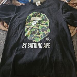 BAPE By Bathing Ape Black Short Sleeve Logo Tee - Green Camo Ape